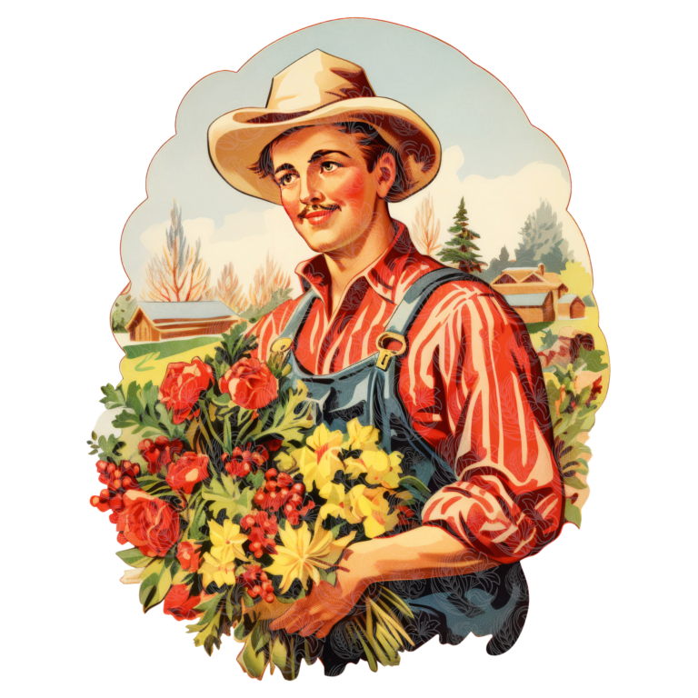 Vintage farmer christmas illustration of smiling man in overalls holding colourful flowers, rural farmstead background, Grey Barn Handwerk, Saskatchewan.